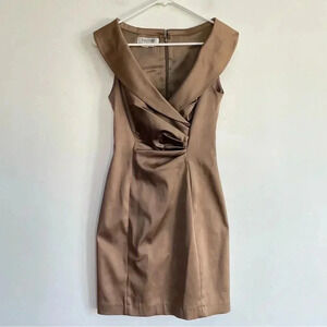 Kay Unger Misses Shawl Collar Dress Brown Satin Formal Party Wedding Ruched 0